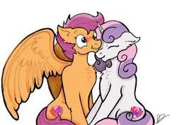 Size: 899x637 | Tagged: safe, artist:thatdrawingnerd, derpibooru import, scootaloo, sweetie belle, blushing, chest fluff, female, image, jpeg, lesbian, scrunchy face, ship:scootabelle, shipping, simple background, white background