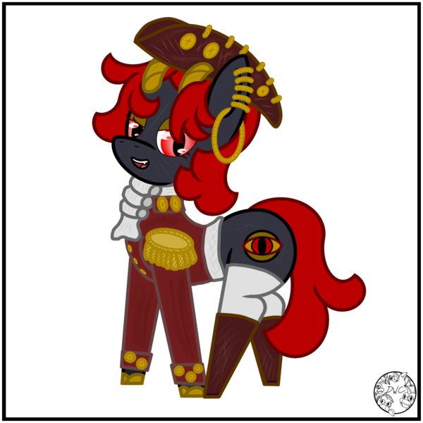 Size: 2000x2000 | Tagged: safe, artist:dice-warwick, derpibooru import, bicorn, pony, boots, button, clothes, cloven hooves, ear piercing, fangs, gold, golden ring, hat, horn, horns, image, jacket, multiple horns, piercing, pirate, pirate hat, png, shoes, socks, solo, thigh highs
