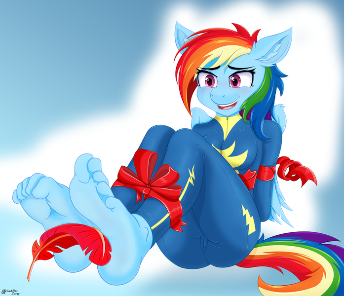 Size: 1584x1364 | Tagged: questionable, artist:zorgycuddles, derpibooru import, rainbow dash, anthro, plantigrade anthro, barefoot, bondage, clothes, feather, feet, female, fetish, foot fetish, foot focus, image, jumpsuit, png, simple background, solo, tickle fetish, tickle torture, tickling, tied up