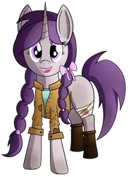 Size: 1365x1835 | Tagged: safe, artist:polynya, oc, oc:charlie, unofficial characters only, pony, unicorn, fallout equestria, blank flank, boots, bow, braid, clothes, female, horn, image, jacket, looking at you, mare, open mouth, png, shoes, simple background, smiling at you, solo, transparent background, unicorn oc