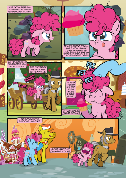 Size: 1920x2715 | Tagged: safe, artist:alexdti, derpibooru import, carrot cake, cup cake, igneous rock pie, pinkie pie, pony, comic:how we met, cart, cupcake, female, filly, filly pinkie pie, food, image, png, younger