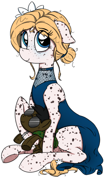 Size: 2103x3567 | Tagged: safe, artist:sluttershy, derpibooru import, oc, oc:noelle nights, oc:ponyhidden, unofficial characters only, earth pony, pony, banned from equestria daily, derpibooru community collaboration, 2024 community collab, appaloosa, clothes, coat markings, dress, earth pony oc, female, freckles, heart, heart eyes, image, mare, plushie, png, simple background, transparent background, wingding eyes, wristband