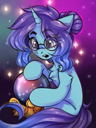 Size: 1200x1600 | Tagged: safe, artist:falafeljake, derpibooru import, oc, unofficial characters only, pony, unicorn, chest fluff, commission, eye clipping through hair, eyebrows, eyebrows visible through hair, female, glasses, horn, image, jpeg, looking at something, magic orb, mare, open mouth, signature, solo, sparkles, unicorn oc