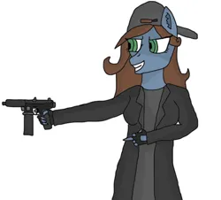 Size: 968x877 | Tagged: safe, artist:gazkappe, derpibooru import, oc, anthro, clothes, fingerless gloves, gloves, gun, hat, image, middle finger, png, simple background, trenchcoat, vulgar, weapon, white background