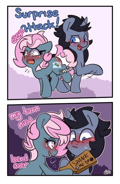 Size: 458x701 | Tagged: safe, artist:lou, derpibooru import, oc, oc:juicy dream, oc:trent, unofficial characters only, earth pony, pony, unicorn, earth pony oc, female, horn, image, jpeg, male, mare, mare oc, paddle, spanking, stallion, stallion oc, truicy, unicorn oc