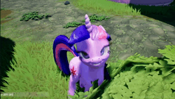 Size: 1280x720 | Tagged: safe, ai content, derpibooru import, machine learning assisted, twilight sparkle, oc, oc:anon, pony, unicorn, animated, blinking, floppy ears, flower, grass, image, looking at you, math, outdoors, path, ponyville, smiling, smiling at you, stone, teeth, tree, unicorn twilight, unreal engine, webm