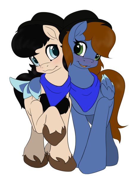 Size: 3000x4000 | Tagged: safe, artist:miniferu, derpibooru import, oc, oc:chug-a-lug, oc:pat thundersnow, oc:patty thundersnow, unofficial characters only, earth pony, pegasus, pony, derpibooru community collaboration, 2024 community collab, blushing, bowler hat, cloven hooves, colored wings, colored wingtips, duo, earth pony oc, hat, hug, image, pegasus oc, png, simple background, transparent background, winghug, wings