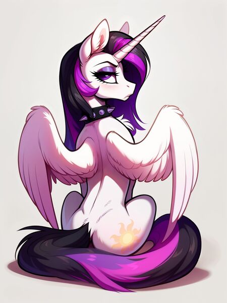 Size: 1536x2048 | Tagged: safe, ai content, derpibooru import, machine learning generated, princess celestia, alicorn, pony, alternate hairstyle, butt, choker, female, frown, g4, generator:easyfluff v11.2, goth, image, jpeg, lidded eyes, looking at you, looking back, looking back at you, mare, prompter:siber, punklestia, rear view, simple background, sitting, solo, spiked choker, spread wings, wings