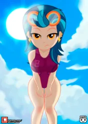 Size: 1060x1500 | Tagged: suggestive, artist:minusclass, derpibooru import, part of a set, indigo zap, human, equestria girls, beach, big breasts, breasts, busty indigo zap, clothes, image, jpeg, looking at you, one-piece swimsuit, swimsuit