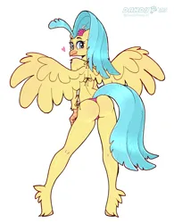 Size: 2538x3252 | Tagged: suggestive, artist:dandy, derpibooru import, princess skystar, anthro, hippogriff, unguligrade anthro, my little pony: the movie, ass, beak, bikini, butt, clothes, commission, female, flower, flower in hair, freckles, heart, heart eyes, high res, image, looking at you, looking back, looking back at you, panties, png, simple background, smiling, solo, solo female, spread wings, swimsuit, thong, underwear, white background, wingding eyes, wings