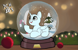 Size: 1151x739 | Tagged: safe, artist:joaothejohn, derpibooru import, oc, unofficial characters only, pony, animated, candy, candy cane, christmas, christmas lights, christmas tree, commission, cute, food, gif, holiday, image, looking up, lying down, raised hoof, smiling, snow, snow globe, solo, tree, your character here