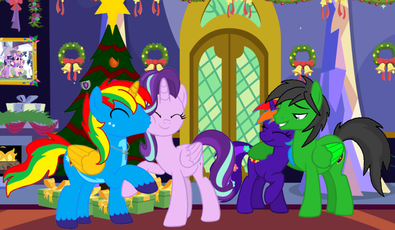 Size: 1508x881 | Tagged: safe, artist:star-armour95, derpibooru import, starlight glimmer, oc, oc:shield wing, oc:star armour, oc:starflower, alicorn, pegasus, pony, alicorn oc, alicornified, christmas, female, hearth's warming, holiday, horn, image, male, mare, pegasus oc, png, race swap, stallion, starlicorn, twilight's castle, wings, xk-class end-of-the-world scenario