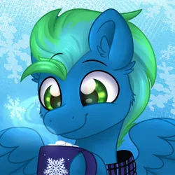 Size: 3000x3000 | Tagged: safe, artist:littleblackraencloud, derpibooru import, oc, unofficial characters only, pegasus, pony, abstract background, bust, chocolate, drink, floppy ears, food, hot chocolate, icon, image, jpeg, male, marshmallow, mug, smiling, snow, snowfall, solo, spread wings, stallion, wings