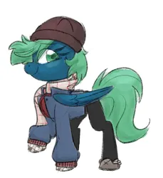 Size: 1705x1862 | Tagged: safe, artist:littleblackraencloud, derpibooru import, oc, oc:emerald, unofficial characters only, pegasus, pony, clothes, female, hat, image, jacket, jpeg, looking back, mare, raised hoof, scarf, simple background, smiling, solo, white background, winter outfit