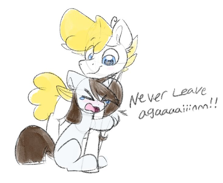 Size: 2095x1719 | Tagged: safe, artist:littleblackraencloud, derpibooru import, oc, oc:brittneigh ackermane, oc:john kenza, unofficial characters only, pegasus, pony, crying, duo, duo male and female, female, hug, image, jpeg, leg hug, male, mare, oc x oc, shipping, sketch, stallion, straight