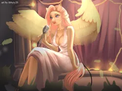 Size: 2226x1655 | Tagged: suggestive, artist:ibbyty20, derpibooru import, fluttershy, anthro, pegasus, breasts, busty fluttershy, crossed legs, feather, female, image, lipstick, microphone, png, signature, singing, sitting, smiling, solo focus, spread wings, stage, white dress, wings