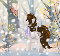 Size: 3000x2800 | Tagged: safe, artist:xvostik, derpibooru import, oc, oc:phaidon, unofficial characters only, pony, squirrel, unicorn, clothes, commission, commissioner:lahirien, horn, image, male, png, scarf, snow, snowfall, solo, stallion, tree, unicorn oc, ych result