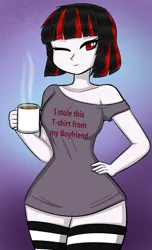 Size: 590x968 | Tagged: suggestive, artist:the silent drawer, derpibooru import, oc, oc:raven moon, human, undead, vampire, equestria girls, clothes, coffee, coffee mug, cute, female, funny shirt, image, morning, mug, png, red and black mane, red eyes, shirt, socks, solo, solo female, striped socks, t-shirt, vampire girl