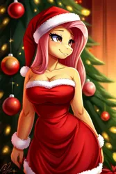 Size: 512x768 | Tagged: safe, ai content, derpibooru import, machine learning generated, prompter:kira8242, fluttershy, anthro, breasts, busty fluttershy, christmas, christmas tree, cleavage, clothes, costume, dress, female, hat, holiday, image, jpeg, santa costume, santa dress, santa hat, smiling, solo, tree, wrong eye color