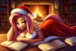 Size: 768x512 | Tagged: safe, ai content, derpibooru import, machine learning generated, prompter:kira8242, fluttershy, anthro, bedroom eyes, book, bookshelf, breasts, busty fluttershy, christmas, cleavage, clothes, dress, female, fireplace, hat, holiday, image, jpeg, lying down, santa dress, santa hat, smiling, solo, wrong eye color