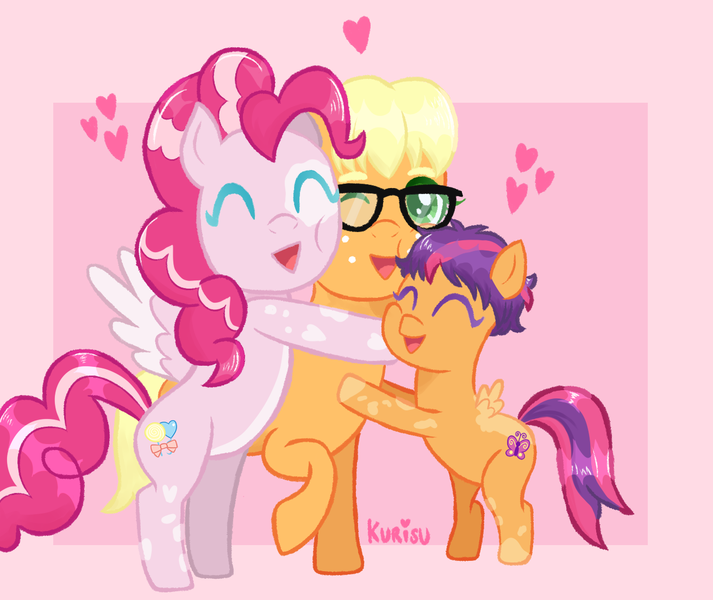 Size: 1312x1104 | Tagged: safe, artist:kurisumuffins, derpibooru import, applejack, pinkie pie, scootaloo, pegasus, pony, alternate design, alternate universe, cute, family, heart, hug, image, moms and daughter, moms and kid, pink background, png, simple background