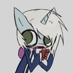 Size: 1280x1280 | Tagged: safe, artist:burnedmuffinz, derpibooru import, ponified, pony, undead, unicorn, zombie, zombie pony, blood, brain, clothes, eating, eyebrows, eyebrows visible through hair, half body, holding, hoodie, image, izombie, liv moore, open mouth, organs, png, shirt, simple background, white background