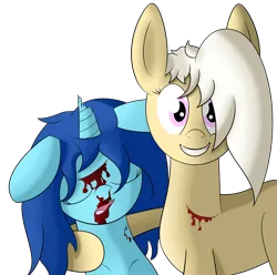 Size: 2657x2633 | Tagged: grimdark, artist:polynya, oc, oc:magnolia, unnamed oc, unofficial characters only, earth pony, pony, blood, corpse, crazy eyes, cut, death, evil grin, eyes closed, female, females only, grin, holding, image, looking at you, mare, png, smiling