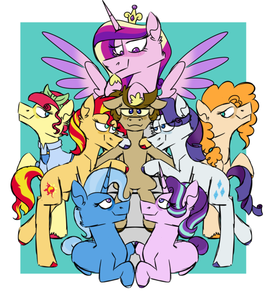 Size: 1100x1200 | Tagged: safe, artist:fuckomcfuck, derpibooru import, pear butter, princess cadance, rarity, starlight glimmer, sunset shimmer, torque wrench, trixie, oc, oc:doodles, alicorn, earth pony, pegasus, pony, unicorn, blushing, canon x oc, crown, female, image, jewelry, lesbian, png, polyamory, redraw, regalia, shipping, throne