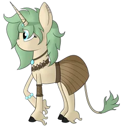 Size: 3505x3607 | Tagged: safe, artist:polynya, oc, unnamed oc, unofficial characters only, classical unicorn, pony, unicorn, clothes, cloven hooves, ear piercing, earring, female, image, jewelry, leonine tail, necklace, piercing, png, profile, raised hoof, shaman, simple background, skirt, transparent background, unshorn fetlocks