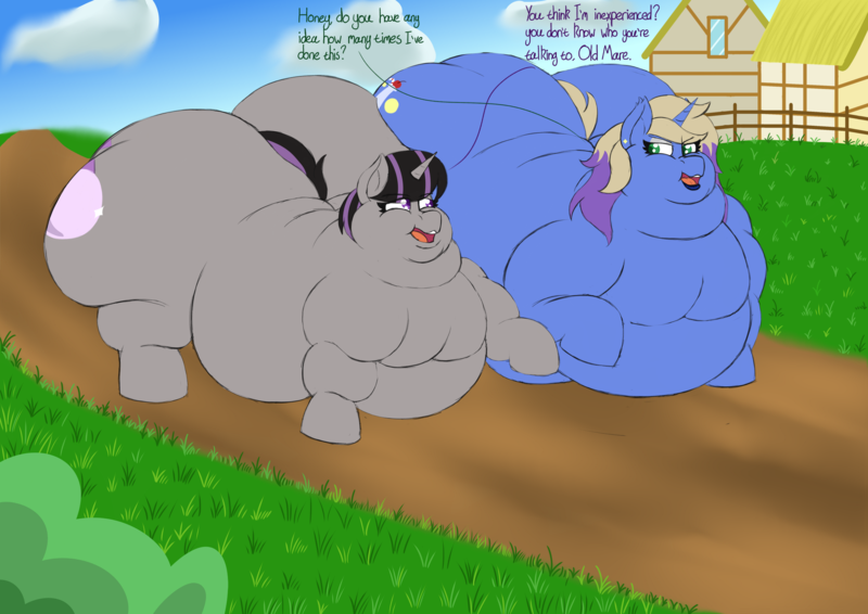Size: 2480x1754 | Tagged: questionable, artist:thewindking, derpibooru import, oc, oc:blue ambrosia, oc:magna-save, unofficial characters only, pony, unicorn, series:friendly face off, belly, big belly, butt, chubby cheeks, dialogue, duo, fat, huge belly, huge butt, image, large belly, large butt, obese, png, town, weight gain, weight gain sequence
