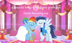 Size: 1203x720 | Tagged: safe, ponerpics import, ponybooru import, rainbow dash, soarin', pegasus, pony, bride, clothes, dress, female, groom, image, kissing, male, mare, marriage, png, shipping, soarindash, stallion, straight, tuxedo, wedding