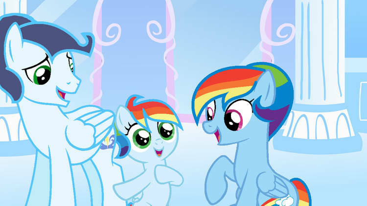 Size: 750x421 | Tagged: safe, artist:hugsartist, ponerpics import, ponybooru import, rainbow dash, soarin', oc, oc:rainbow storm, pegasus, pony, female, filly, foal, image, jpeg, male, mare, offspring, parent:rainbow dash, parent:soarin', parents:soarindash, shipping, soarindash, stallion, straight