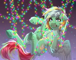 Size: 3018x2400 | Tagged: safe, artist:hakaina, derpibooru import, oc, oc:typh, oc:typhoon, unofficial characters only, pegasus, pony, accidental bondage, adorable distress, bondage, cheek fluff, chest fluff, chin fluff, christmas, christmas lights, colored, colored wings, commission, concave belly, countershading, cute, depth of field, ear fluff, eyebrows, eyebrows visible through hair, floppy ears, fluffy, gradient background, gritted teeth, high res, holiday, hoof fluff, image, leg fluff, lighting, male, pale belly, partially open wings, pegasus oc, png, red tail, shading, signature, slender, solo, stallion, string lights, suspended, suspension bondage, tail, teeth, thin, tied up, two toned wings, underhoof, unshorn fetlocks, wall of tags, wings, worried, ych result