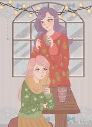 Size: 3736x5174 | Tagged: safe, artist:sanechkaa, derpibooru import, fluttershy, rarity, human, blushing, christmas, christmas lights, christmas sweater, clothes, duo, female, flarity, holiday, humanized, image, lesbian, looking at each other, looking at someone, mug, png, shipping, skirt, snow, sweater, table