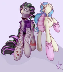 Size: 944x1080 | Tagged: safe, artist:klavier44, derpibooru import, octavia melody, vinyl scratch, earth pony, pony, unicorn, alternate hairstyle, chest fluff, choker, clothes, duo, ear piercing, earring, eyebrow piercing, female, fishnet clothing, glasses, gloves, image, jacket, jewelry, jpeg, leather, leather jacket, lesbian, looking at each other, looking at someone, mare, necklace, nose piercing, open mouth, personality swap, piercing, raised hoof, role reversal, scratchtavia, shipping, skirt, spiked choker, tattoo