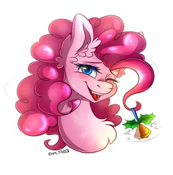 Size: 2232x2254 | Tagged: safe, artist:yuris, derpibooru import, pinkie pie, earth pony, pony, a hearth's warming tail, bell, blushing, ears up, hearth's warming, hearth's warming eve, image, looking at you, open mouth, png, redraw, scene interpretation, simple background, smiling, solo, white background