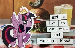 Size: 1280x836 | Tagged: safe, derpibooru import, twilight sparkle, twilight sparkle (alicorn), alicorn, pony, unicorn, burger, food, image, implied blood, meat, png, ponymagnets, solo, stock vector