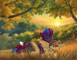 Size: 4778x3732 | Tagged: safe, artist:gooseshit, derpibooru import, oc, unofficial characters only, pegasus, pony, unicorn, backlighting, belly, belly fluff, cuddling, curved horn, cute, duo, duo female, ear fluff, eyebrows, eyelashes, female, forest, forest background, horn, hug, image, leg fluff, lesbian, lidded eyes, one wing out, outdoors, partially open wings, png, scenery, sky, snuggling, sunset, tree, wings