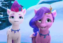 Size: 838x582 | Tagged: safe, derpibooru import, screencap, pipp petals, zipp storm, g5, my little pony: make your mark, spoiler:g5, spoiler:my little pony: make your mark, spoiler:my little pony: make your mark chapter 6, spoiler:mymc06e04, adorapipp, amazed, animated, cute, duo, duo female, eyeshadow, female, gif, happy, image, jewelry, makeup, my little pony: make your mark chapter 6, necklace, secrets of starlight, snow, sparkly mane, sparkly tail, spread wings, tail, tree, wings