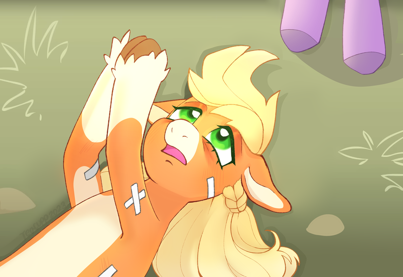 Size: 2800x1920 | Tagged: safe, artist:tea--cupp, derpibooru import, applejack, twilight sparkle, earth pony, pony, unicorn, applebuck season, bandaid, coat markings, facial markings, female, floppy ears, high res, hooves together, image, lying down, mare, offscreen character, on back, palette swap, png, recolor, scene interpretation, snip (coat marking), socks (coat marking), solo focus, unicorn twilight, unshorn fetlocks