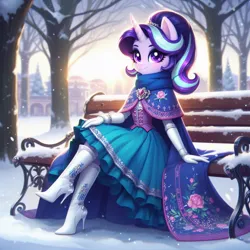 Size: 1024x1024 | Tagged: safe, ai content, derpibooru import, machine learning generated, starlight glimmer, anthro, bench, boots, brooch, classy, cloak, clothes, corset, crossed legs, cute, dress, elegant, generator:dall-e 3, gloves, high heel boots, high heels, image, jewelry, jpeg, scarf, shoes, skirt, snow, tree, winter