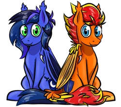 Size: 1700x1500 | Tagged: safe, artist:sugardotxtra, derpibooru import, oc, oc:fireheart(fire), oc:guard cobalt flash, unofficial characters only, bat pony, derpibooru community collaboration, 2024 community collab, back to back, bat pony oc, bat wings, commission, image, png, prisoners of the moon, wings, ych result