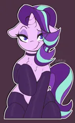Size: 671x1097 | Tagged: safe, artist:llametsul, derpibooru import, starlight glimmer, pony, unicorn, bedroom eyes, chest fluff, clothes, eyeshadow, female, floppy ears, image, looking at you, makeup, mare, png, raised hoof, smiling, smiling at you, smug, socks, solo, stockings, thigh highs