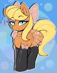Size: 856x1095 | Tagged: safe, artist:llametsul, derpibooru import, ms. harshwhinny, earth pony, pony, bedroom eyes, bow, clothes, image, looking at you, makeup, piercing, png, skirt, socks, solo, stockings, thigh highs
