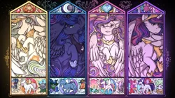 Size: 1280x720 | Tagged: safe, artist:binibean, derpibooru import, princess cadance, princess celestia, princess luna, twilight sparkle, twilight sparkle (alicorn), alicorn, pegasus, pony, unicorn, alicorn tetrarchy, female, image, mare, pegasus cadance, pink-mane celestia, png, s1 luna, stained glass, unicorn twilight