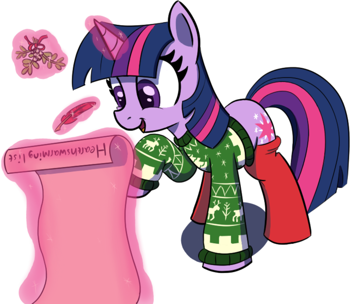 Size: 797x686 | Tagged: safe, artist:maretian, ponerpics import, twilight sparkle, pony, unicorn, clothes, female, image, list, mare, mistletoe, png, quill, raised hoof, socks, sweater