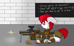 Size: 3404x2141 | Tagged: safe, artist:polynya, oc, oc:cherry blossom, unofficial characters only, earth pony, pony, armor, bullet, frown, gun, image, machine gun, png, prone, smiling, weapon, whiteboard