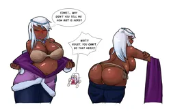 Size: 3408x2224 | Tagged: suggestive, artist:jackudoggy, derpibooru import, human, g5, my little pony: make your mark, my little pony: tell your tale, bbw, belly, belly button, big breasts, blushing, breast overpour, breasts, busty violet frost, casual nudity, chubby, clothes, comet (g5), dark skin, duo, duo male and female, fat, female, humanized, image, jewelry, male, my little pony: make your mark chapter 6, necklace, nudity, pale skin, panties, partial nudity, plump, png, secrets of starlight, simple background, skindentation, speech bubble, sweat, text, thong, topless, underwear, undressing, violet frost, white background