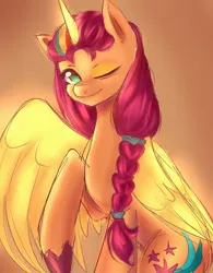 Size: 3195x4096 | Tagged: safe, artist:mar2yup, derpibooru import, sunny starscout, alicorn, pony, g5, my little pony: a new generation, alicornified, artificial horn, artificial wings, augmented, braid, braided ponytail, female, image, jpeg, looking at you, mane stripe sunny, mare, one eye closed, ponytail, race swap, raised hoof, smiling, solo, sunnycorn, wings, wink, winking at you