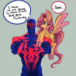 Size: 2048x2048 | Tagged: safe, artist:jestingheart, derpibooru import, fluttershy, pegasus, pony, crossover, dialogue, female, i think we're gonna have to kill this guy, image, jpeg, mare, marvel, meme, miguel o'hara, simple background, spider-man, spider-man 2099, spider-man: across the spider-verse